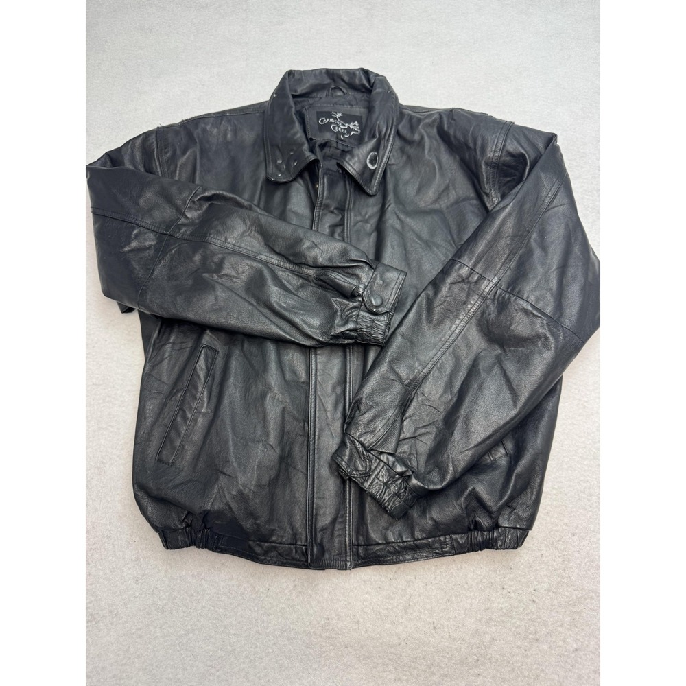 Caribou Creek Jacket Mens Large Black Leather Bomber Elastic Hem Quilted Lined